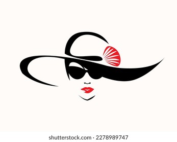 Beautiful woman with elegant makeup, wearing a stylish hat and sunglasses. Fashion, beauty salon and lifestyle illustration. Young lady portrait isolated on light fund. Red lipstick. Cute face logo.