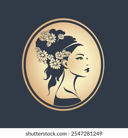 Mujer hermosa con el maquillaje elegante, llevando flores en el moño del pelo. Moda, salón de belleza e ilustración de peinado. Logotipo del retrato del glamour de la señora joven aislado en fondo oscuro.