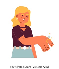 Hermosa mujer con anillo de compromiso de carácter vector semi-plano y colorido. Señora llevando joyas de lujo. Persona de cuerpo completo editable sobre blanco. Ilustración simple de dibujos animados para el diseño gráfico web