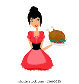 A beautiful woman enjoys chicken