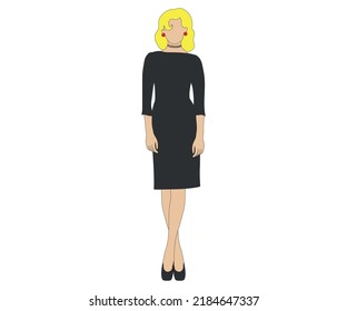 beautiful woman in evening dress, blonde hair, black dress. Young woman with slender form in smart posture on white background. vector style.