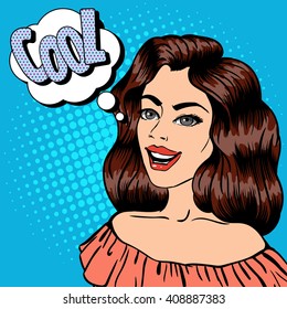 Beautiful Woman with Expression Cool. Pop Art. Pin Up Girl. Vector illustration