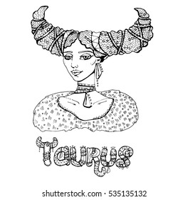 beautiful woman with an extraordinary hairstyle resembles a large horn with big ethnic jewelry. natural way to symbolize the zodiac sign Taurus. black and white drawn contour hands