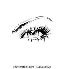 Beautiful woman eye isolated black and white vector fashion illustration.