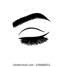 Beautiful Woman eye with long lashes. Eyelash extension logo. Beauty salon logo. False eyelashes. Brows tattoo. Vector.