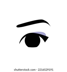 Beautiful Woman Eye with Makeup. Eyeshadow, Eyebrow and Eyeliner. Icon. Black White Purple Lilac Color. Flat Symbol in Line Style. White background. Vector illustration for Elegant Cosmetic Design.