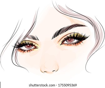 Beautiful Woman Eyes With Long Eyelashes Makeup Drawing Sketch. Hand Drawn Modern Fashion Illustration Of A Girl Face.  Beauty Background For Black Mascara Cosmetics Banner Design.