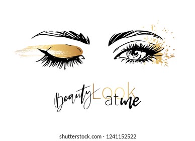 Beautiful Woman Eyes With Sparkle Gold Eyeshadow Party Makeup Vector Fashion Illustration. Hand Drawn Line Art Sketch For Mascara And Eyeliner Cosmetic Products Sale Banner Background Design.