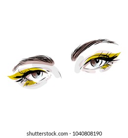 Beautiful woman eyes vector isolated drawn in watercolor and ink line style for fashion card design. 