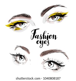 Hermosos ojos vectoriales de mujer aislados en color agua y estilo de línea de tinta para el diseño de la tarjeta de moda.