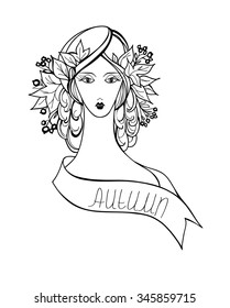 Beautiful woman face . Autumn season . Vector illustration hand drawn .