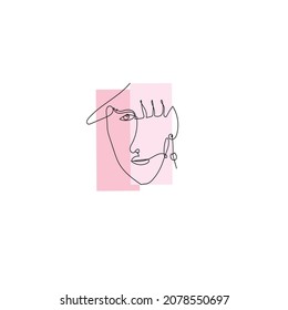 beautiful woman face with bangs forward on pink background in minimalist style illustration icon vector continuous line 