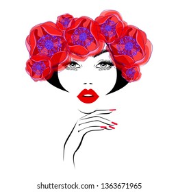 Beautiful woman face, black abstract hairstyle, diadem and wreath from the beautiful red flowers, lush eyelashes, red lips, hand with red manicure nails. Beauty logo, spa salon, vector illustration.