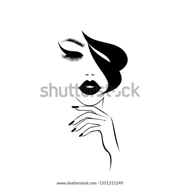 黒い唇を持つ美しい女性の顔 青々としたまつげ 黒いマニキュアの爪を持つ手 黒い髪 スタイリッシュな髪型 美しいロゴ ネイルアートスタジオ 壁紙の背景 ベクターイラスト のベクター画像素材 ロイヤリティフリー