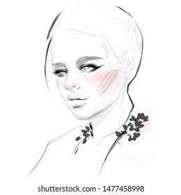 Beautiful woman face black and white fashion sketch. Art illustration.