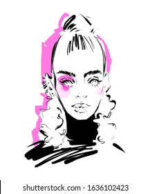 Beautiful woman face black and white vector fashion illustration.