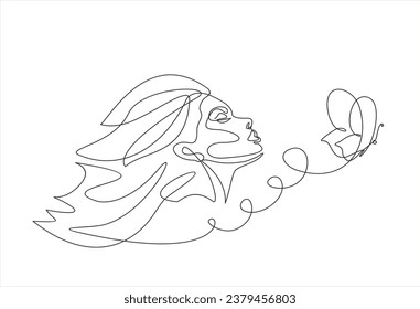 Beautiful woman face with butterfly. Abstract composition hand draw continuous line. Hand-drawn vector line-art illustration. One Line style drawing.