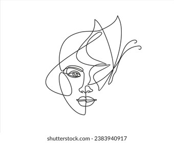 Beautiful woman face with butterfly. Abstract composition hand draw continuous line. Hand-drawn vector line-art illustration. One Line style drawing.