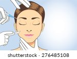 Beautiful woman face cartoon closed eyes and beautician hands made beauty surgery around face