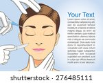 Beautiful woman face cartoon closed eyes and beautician hands made beauty surgery around face
