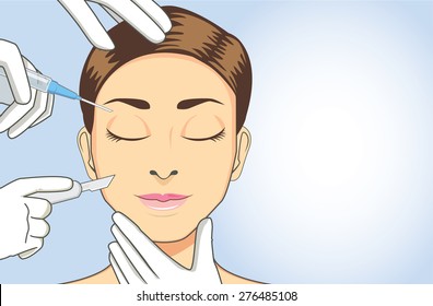 Beautiful Woman Face Cartoon Closed Eyes And Beautician Hands Made Beauty Surgery Around Face