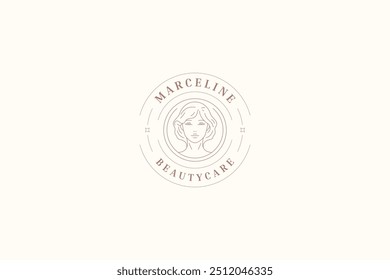 Beautiful woman face circle minimalist line art logo design template vector illustration. Gentle elegant female portrait round linear logotype for beauty salon cosmetic skin care cosmetology brand