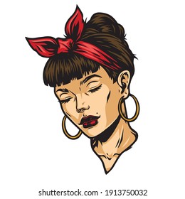 Beautiful woman face with closed eyes wearing bandana and earrings on white background isolated vector illustration