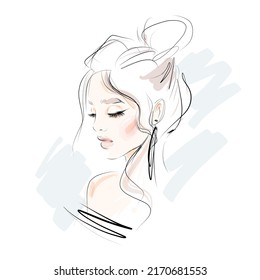 Beautiful woman face with closed eyes fashion illustration on white background for modern card design, print, beauty make up and cosmetics sale banners. Girl head vector watercolor drawing sketch.