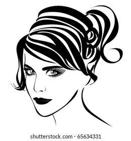 Beautiful woman face close-up. Vector silhouette.