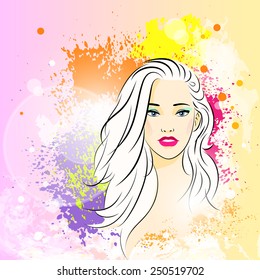 beautiful woman face colorful ink paint splash, young sketch girl vector illustration 