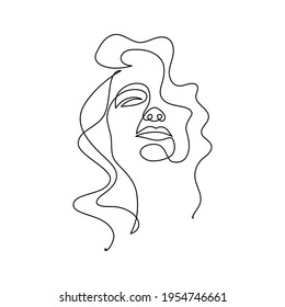 Beautiful woman face in continuous line art drawing style. Portrait of young woman with curly hair taking full breath. Minimalist black linear sketch isolated on white background. Vector illustration