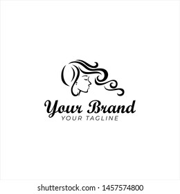 Beautiful Woman Face With Curly Long Hair Logo Template