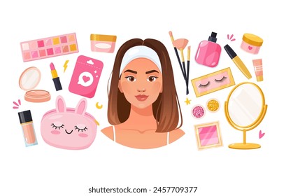 Hermosa cara de mujer con cosméticos decorativos y diferentes accesorios para el maquillaje.