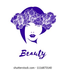 Beautiful woman face with diadem flowers, floral motive, abstract flowers, logo beauty, spa salon, sign, symbol. Vector illustration.