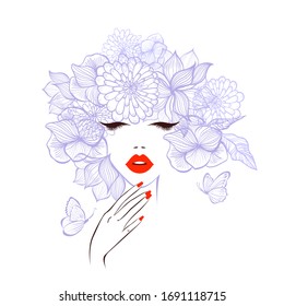 Beautiful woman face with diadem flowers around, red lips, red manicure nails. Beauty Logo. Vector illustration, butterflies, floral motive, abstract flowers, spa salon, nails studio. Spa salon logo.