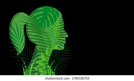 Beautiful woman face with different plants and large leaves. Female silhouette and floral arrangement with green plants and tropical leaves.The concept of ecology, planet, gardening, veganism.