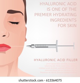 Beautiful woman face during the cosmetological procedure. Hyaluronic acid lip injections. Vector illustration in light beige colours. Creative idea for a poster, leaflet or flyer design.