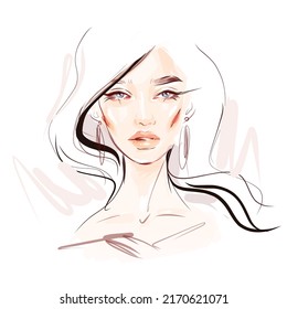 Beautiful woman face fashion illustration white background for modern card design  print  beauty make up   cosmetics sale banners  Girl head vector watercolor drawing sketch 