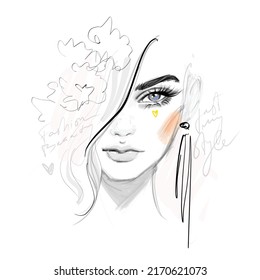 Beautiful woman face fashion illustration on white background for modern card design, print, beauty make up and cosmetics sale banners. Girl head vector watercolor drawing sketch.