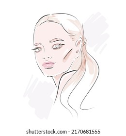 Beautiful woman face fashion illustration on white background for modern card design, print, beauty make up and cosmetics sale banners. Girl head vector watercolor drawing sketch.