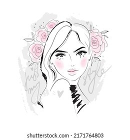 Beautiful woman face fashion illustration on white background for modern card design, print, beauty make up and cosmetics sale banners. Girl head vector watercolor drawing sketch.