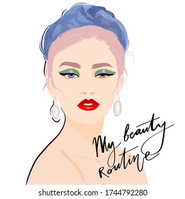 Hermosa mujer enfrenta ilustración vectorial plana. Mi concepto de diseño de rutina de belleza.