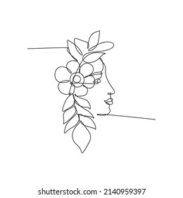 Beautiful Woman Face With Flower Line Drawing Art