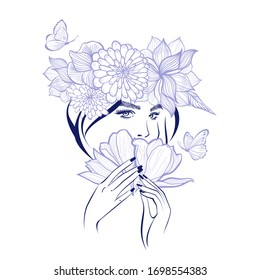 Beautiful woman face with flowers in hands, stylish hairstyle. Beauty Logo. Vector illustration, diadem flowers, floral motive, abstract flowers, spa salon, sign, symbol, nails studio.