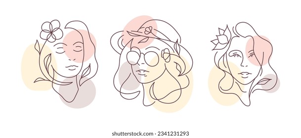 Beautiful woman face with flowers and pastel color sports continuous line art logo set vector illustration. Romantic fashion female portrait in hat sunglasses botanical blossom plant icon for cosmetic