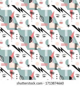 Beautiful Woman Face and Geometric Shapes Seamless Pattern. Modern Abstract Background with Female Face. Beauty and Fashion Vector illustration. Concept for Beauty Salon, Visage and Makeup
