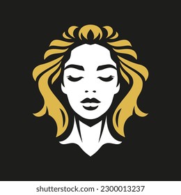 Schöne Frau Gesicht goldenen Haar Stil minimalistische Logo für Hautpflege Vektorgrafik. Elegantes weibliches Portrait-Kopfsilhouette auf schwarzem Hintergrund Symbol für Kosmetologie-Spa-Bereich