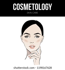 Beautiful woman face hand drawn vector illustration. Stylish graphics portrait with beautiful young attractive girl model with hand. Cosmetology. Perfect skin. Beauty spa concept. Sketch drawing