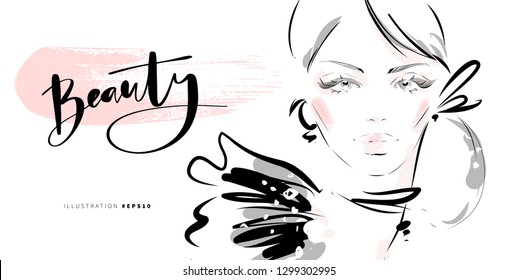 Beautiful Woman Face Hand Drawn Black And White Fashion Sketch. Abstract Modern Girl Illustration On White Background For Makeup Artist Business Visit Card Design.