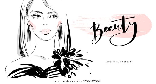 Beautiful Woman Face Hand Drawn Black And White Fashion Sketch. Abstract Modern Girl Illustration On White Background For Makeup Artist Business Visit Card Design.